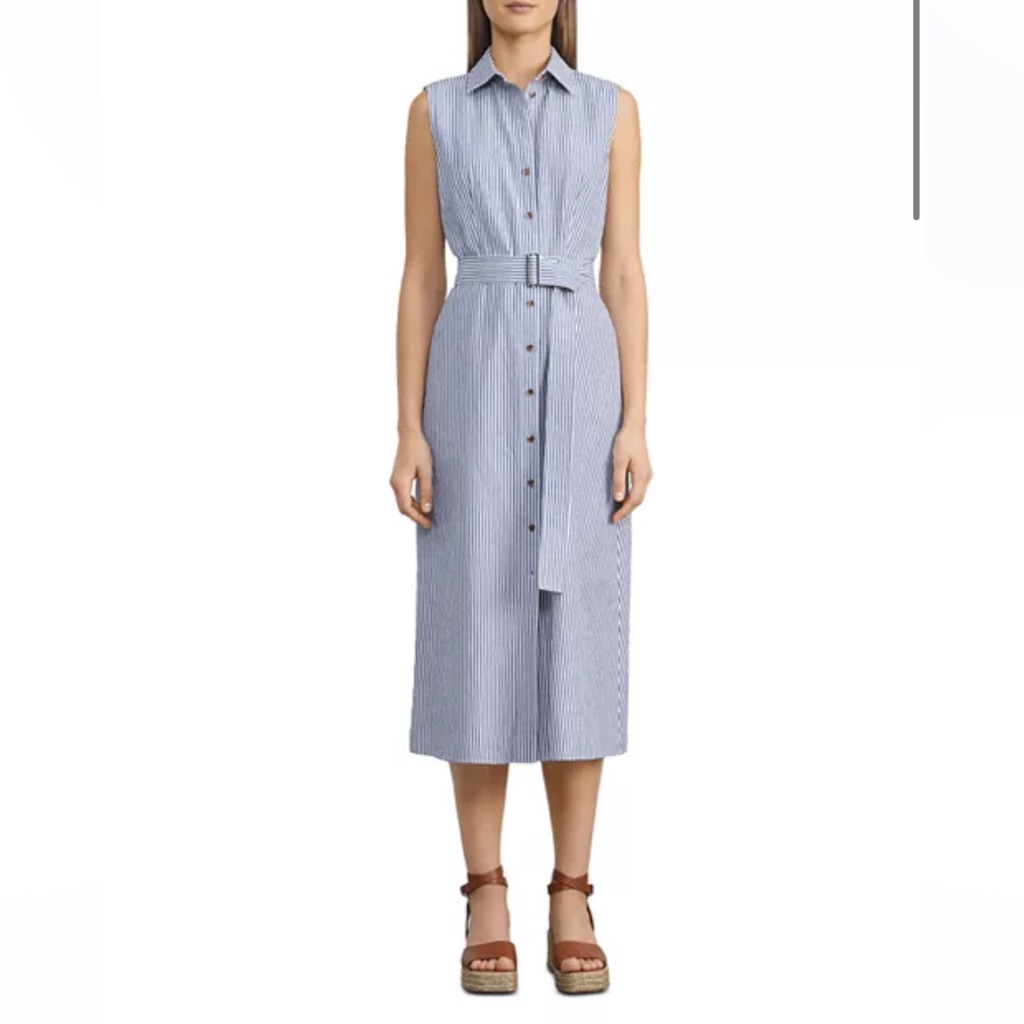 Lafayette 148 Size 10 Xl Pax Belted Shirt Dress White Blue Midi A-Line With Belt